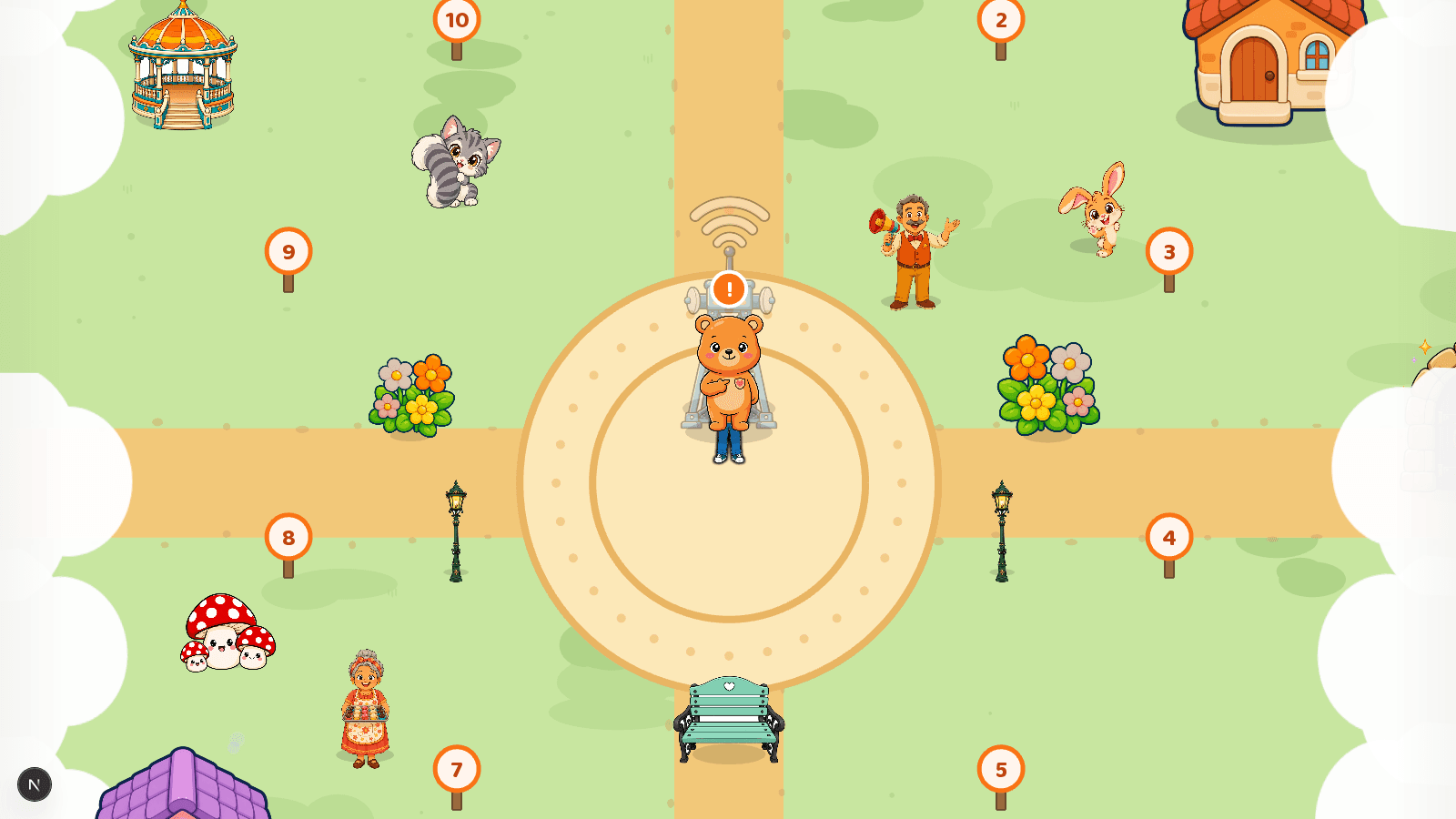 Tela do jogo: a criança caminha por uma praça e encontra as missões pelo mapa.