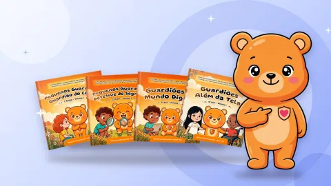 Quatro livros da coleção e o Coragi, sobre fundo azul