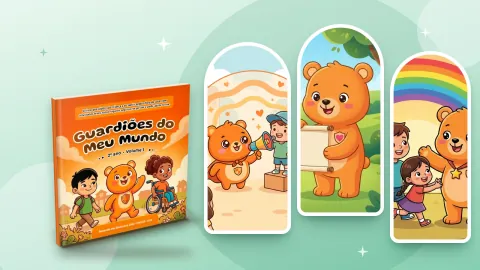 Livro da coleção e três janelas em arco com cenas do livro, sobre fundo verde