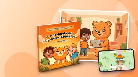Livro da coleção ao lado de uma sala em casa, com o Coragi e uma criança com um tablet