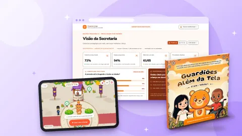 Painel de acompanhamento, tela do jogo e livro da coleção, sobre fundo roxo