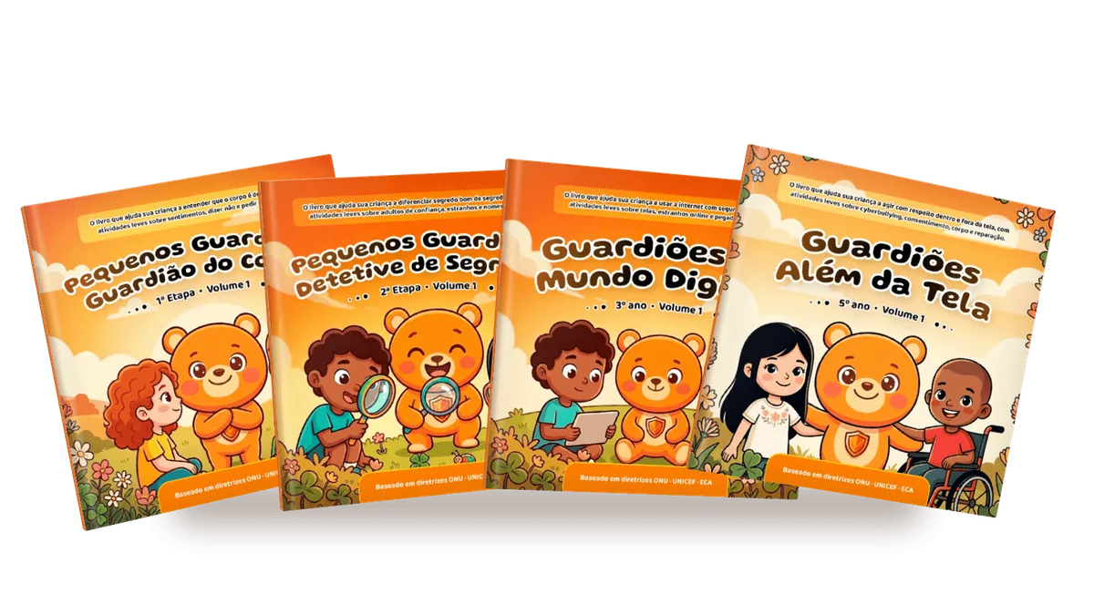 Quatro livros da coleção A Academia dos Pequenos Guardiões, de anos escolares diferentes, lado a lado