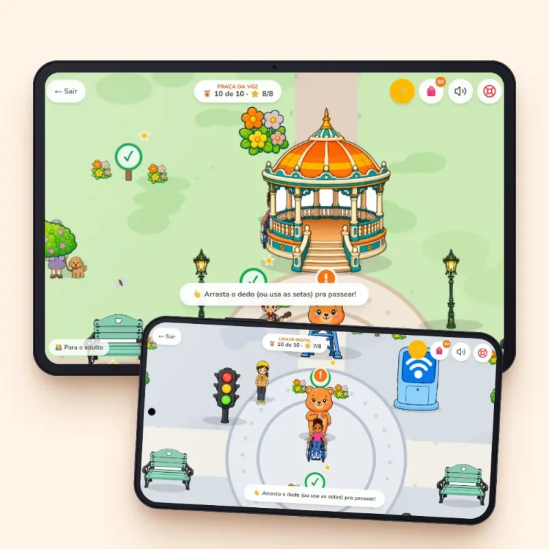 O Mundo do Coragi em um tablet e em um celular, mostrando mapas do jogo